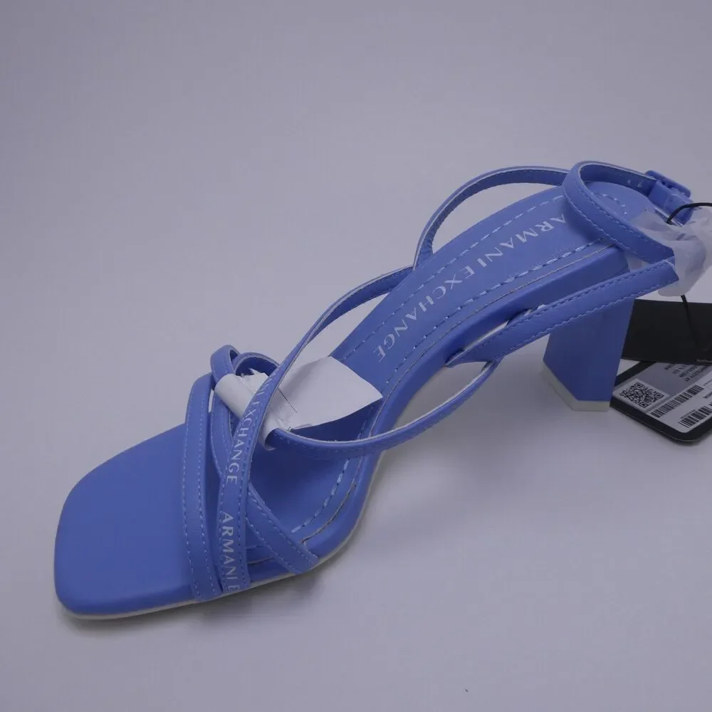 Armani Exchange Women's 6 Light Blue Leather Strappy Sandals Buckle Heel Square